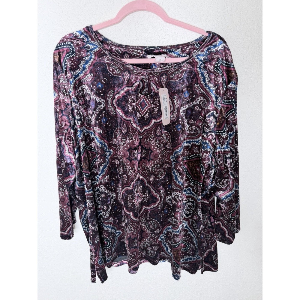 Allison Daley Top Womens 3X Paisley Velour Plus‎ Size Pullover Tunic NWT$69